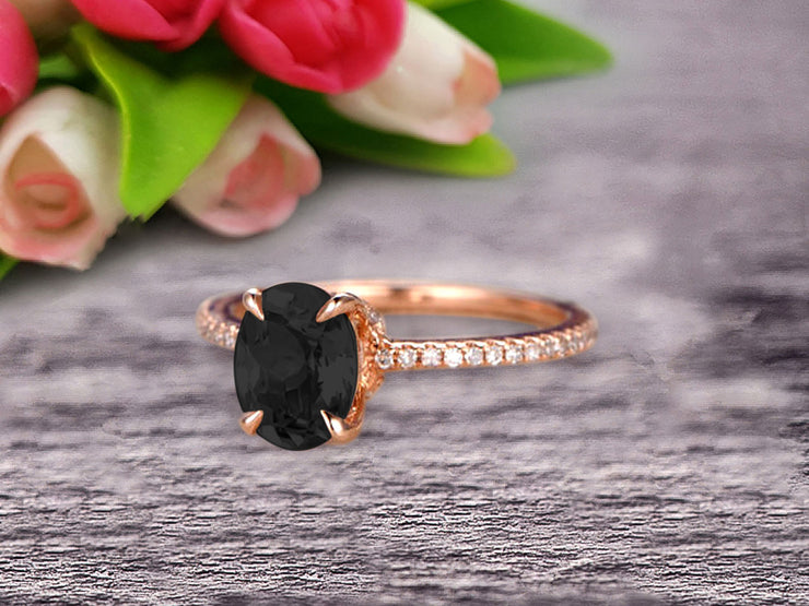 Vintage Looking Black Diamond Moissanite Engagement Ring On 10k Rose Gold 1.50 Carat Oval Cut Gemstone Custom Made Fine Jewelry Art Deco Anniversary Ring Bridal Ring