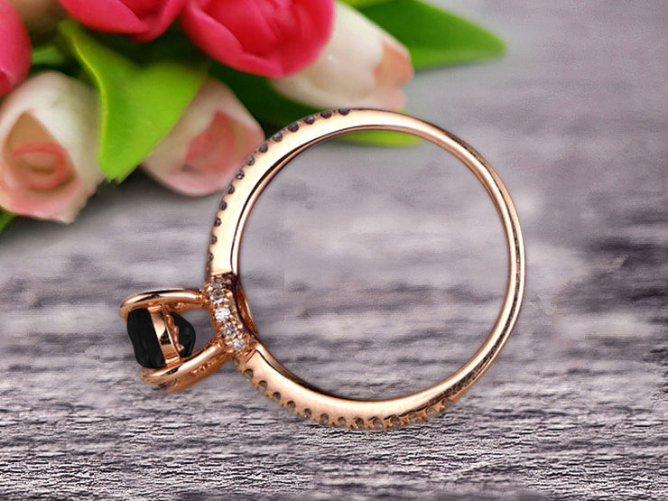 Vintage Looking Black Diamond Moissanite Engagement Ring On 10k Rose Gold 1.50 Carat Oval Cut Gemstone Custom Made Fine Jewelry Art Deco Anniversary Ring Bridal Ring