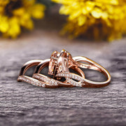 Milgrain 10k Rose Gold 2.25 Carat Morganite Engagement Ring Trio Set Wedding Ring Pear Shape Natural Pink Morganite Ring Curved V-Shape Stacking Matching Wedding Band Art Deco Halo Ring