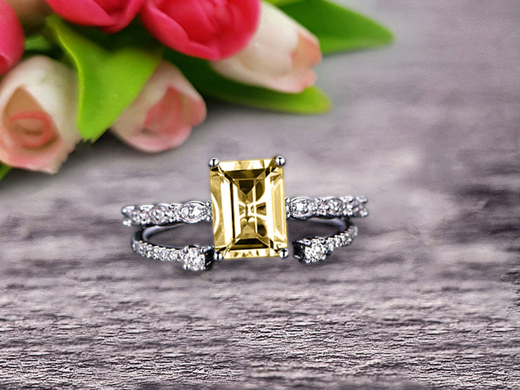 1.50 Carat Emerald Cut 10k White Gold Champagne Diamond Moissanite Engagement Ring Bridal Set