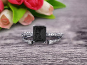 1.50 Carat Emerald Cut 10k White Gold Natural Black Diamond Moissanite Engagement Ring Bridal Set