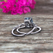 1.50 Carat Emerald Cut 10k White Gold Natural Aquamarine Engagement Ring Bridal Set