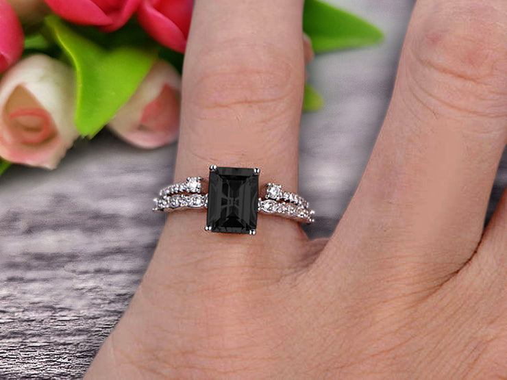 1.50 Carat Emerald Cut 10k White Gold Natural Black Diamond Moissanite Engagement Ring Bridal Set