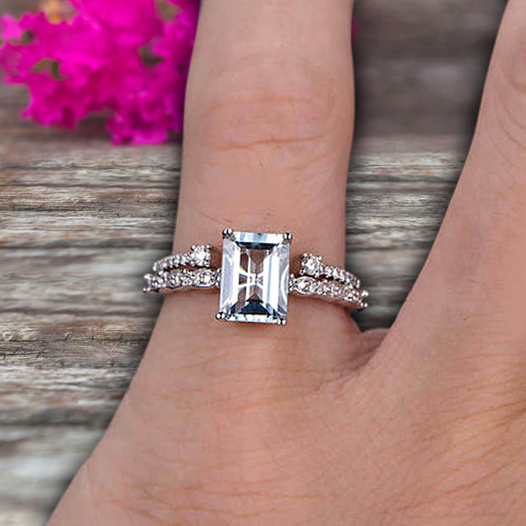 1.50 Carat Emerald Cut 10k White Gold Natural Aquamarine Engagement Ring Bridal Set