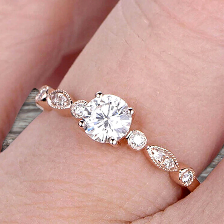 Moissanite Diamond Engagement ring Classic Vintage Style 1.25 Carat Art Deco ring on 10k Rose Gold