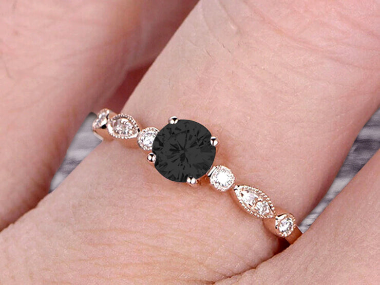 Black Diamond Moissanite Diamond Engagement ring Classic Vintage Style 1.25 Carat Art Deco ring on 10k Rose Gold