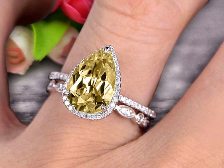 Pear Shape Gemstone With Split Shank Halo Design 1.75 Carat Champagne Diamond Moissanite Engagement Ring Bridal Set Anniversary Gift On 10k White Gold