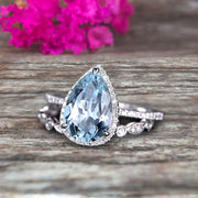 Pear Shape Blue Gemstone With Split Shank Halo Design 1.75 Carat Aquamarine Engagement Ring Bridal Set Anniversary Gift On 10k White Gold