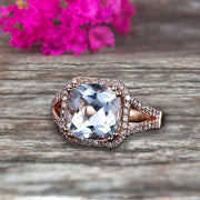 Cushion Cut Shank Promise Ring 1.50 Carat Blue Aquamarine Engagement Ring Anniversary Gift On 10k Rose Gold Art Deco Halo Design