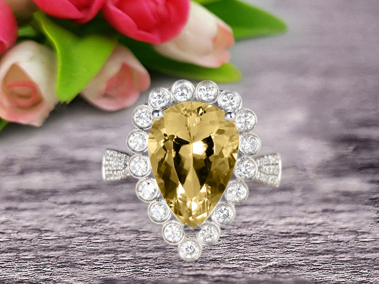 Champagne Diamond Moissanite Engagement Ring Wedding Pear Shaped 1.50 Carat Unique Halo Design 10k White Gold Anniversary Gift