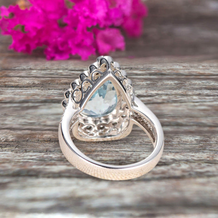 Aquamarine Engagement Ring Wedding Pear Shaped 1.50 Carat Unique Halo Design 10k White Gold Anniversary Gift