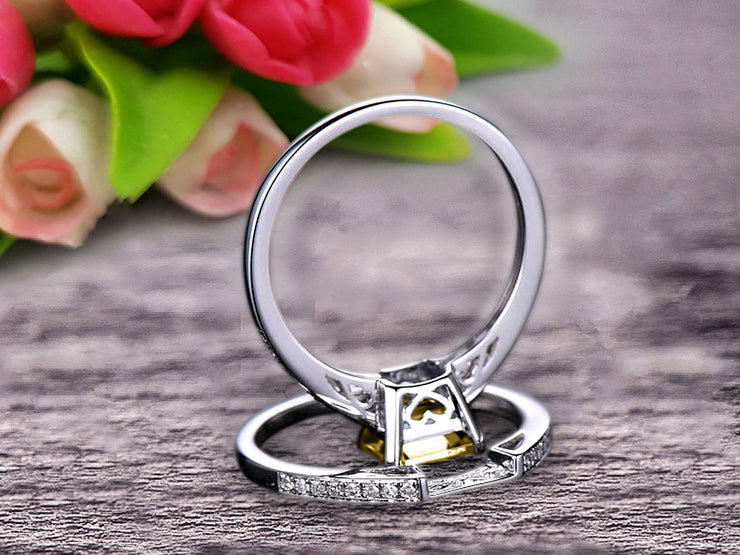 1.50 Carat Asscher Cut Champagne Diamond Moissanite Engagement Ring Set 10k White Gold Stacking Matching Wedding Band