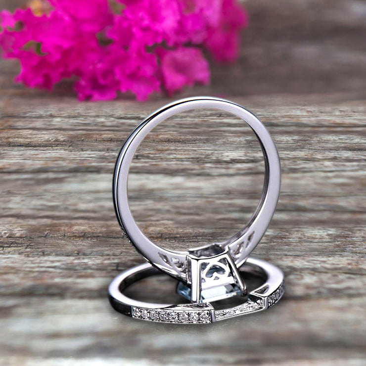 1.50 Carat Asscher Cut Aquamarine Engagement Ring Set 10k White Gold Stacking Matching Wedding Band
