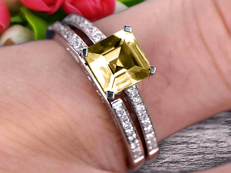 1.50 Carat Asscher Cut Champagne Diamond Moissanite Engagement Ring Set 10k White Gold Stacking Matching Wedding Band