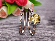 1.75 Carat Round Cut Champagne Diamond Moissanite Engagement Ring Set 10k Rose Gold Matching Wedding Band Bridal Set