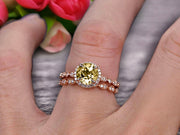 1.75 Carat Round Cut Champagne Diamond Moissanite Engagement Ring Set 10k Rose Gold Matching Wedding Band Bridal Set