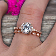 1.75 Carat Round Cut Aquamarine Engagement Ring Set 10k Rose Gold Matching Wedding Band Bridal Set