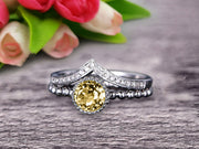 1.50 Carat Round Cut Champagne Diamond Moissanite Engagement Ring with V-Shaped Wedding Band 10k White Gold Art Deco Bridal Set Anniversary Gift