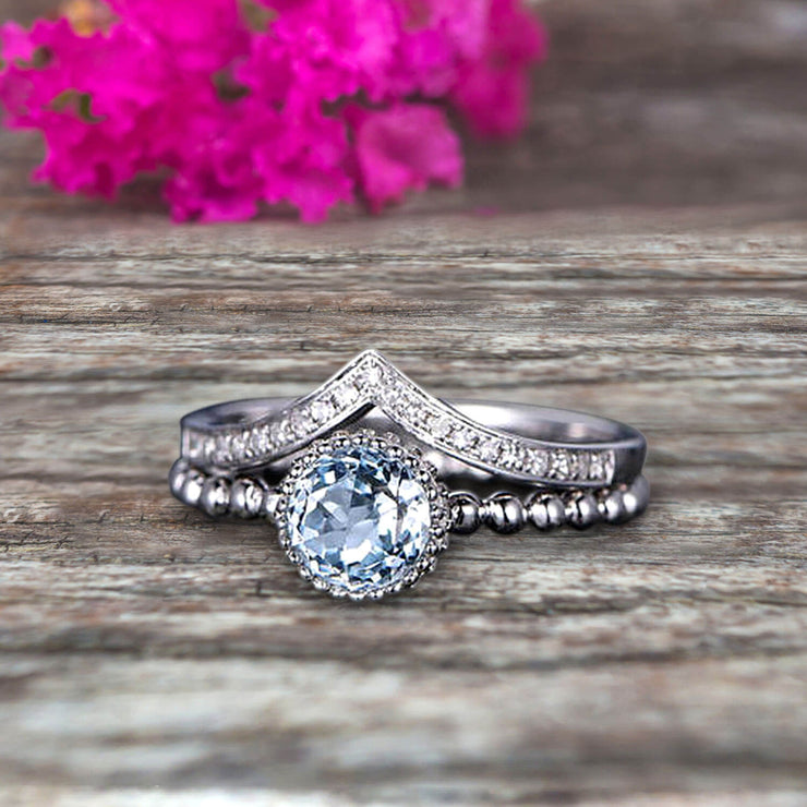 1.50 Carat Round Cut Aquamarine Engagement Ring with V-Shaped Wedding Band 10k White Gold Art Deco Bridal Set Anniversary Gift