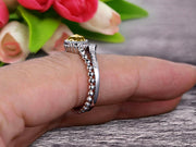 1.50 Carat Round Cut Champagne Diamond Moissanite Engagement Ring with V-Shaped Wedding Band 10k White Gold Art Deco Bridal Set Anniversary Gift