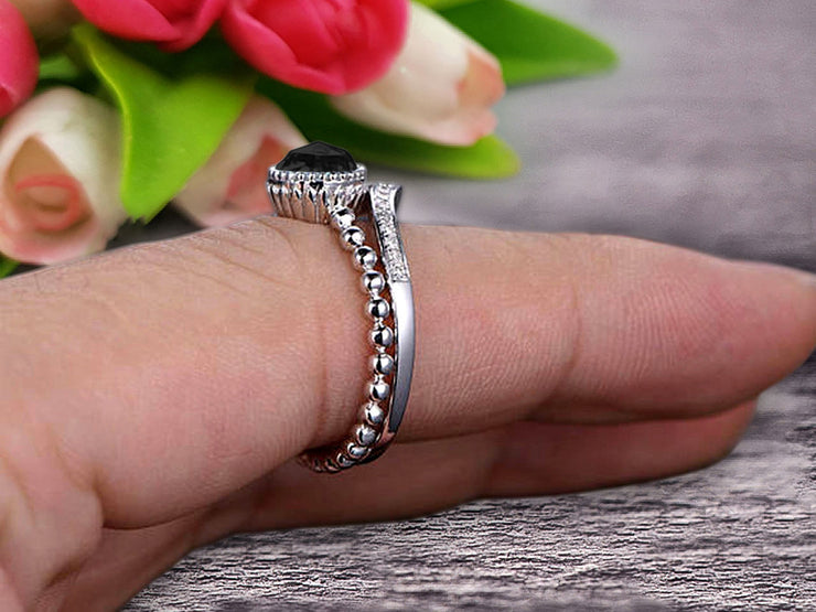 1.50 Carat Round Cut Black Diamond Moissanite Engagement Ring with V-Shaped Wedding Band 10k White Gold Art Deco Bridal Set Anniversary Gift
