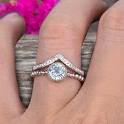 1.50 Carat Round Cut Aquamarine Engagement Ring with V-Shaped Wedding Band 10k White Gold Art Deco Bridal Set Anniversary Gift