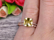 Cushion Cut 1.75 Carat Champagne Diamond Moissanite Engagement Ring with Unique Wedding Band 10k Rose Gold Art Deco Bridal Set Anniversary Gift