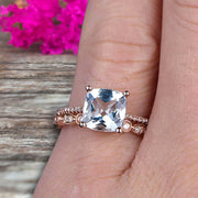 Cushion Cut 1.75 Carat  Aquamarine Engagement Ring with Unique Wedding Band 10k Rose Gold Art Deco Bridal Set Anniversary Gift