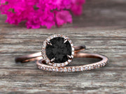 Round Cut 1.50 Carat  Black Diamond Moissanite Engagement Ring Bridal Set 10k Rose Gold Art Deco Matching Wedding Band Anniversary Gift
