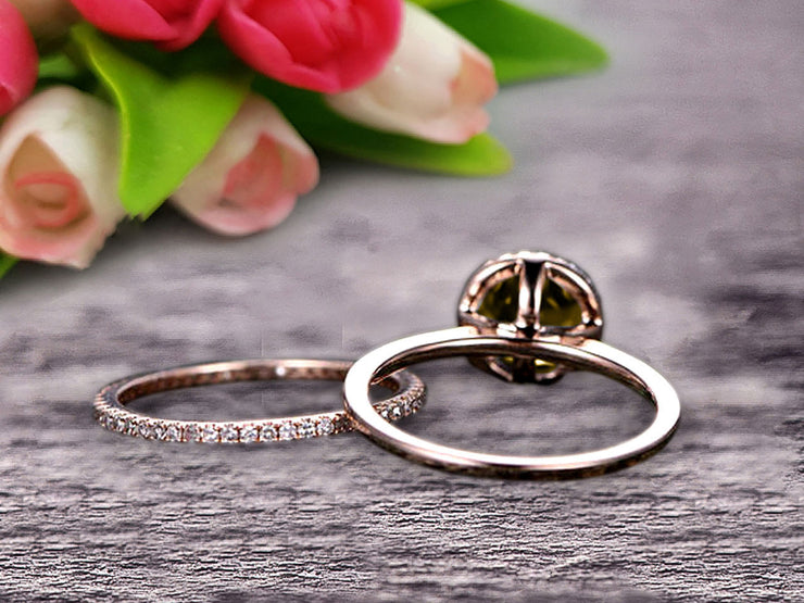Round Cut 1.50 Carat Champagne Diamond Moissanite Engagement Ring Bridal Set 10k Rose Gold Art Deco Matching Wedding Band Anniversary Gift