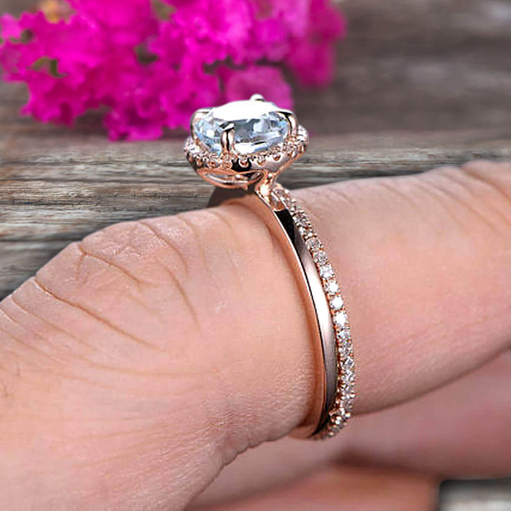 Round Cut 1.50 Carat  Aquamarine Engagement Ring Bridal Set 10k Rose Gold Art Deco Matching Wedding Band Anniversary Gift