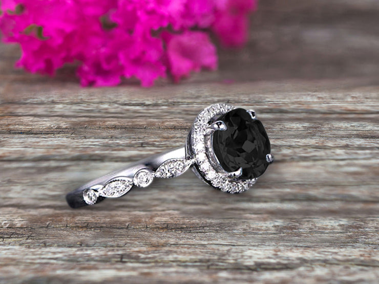 1.50 Carat Round Cut Black Diamond Moissanite Engagement Ring On 10k White Gold Art Deco Anniversary Gift