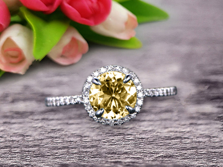 1.50 Carat Round Cut Champagne Diamond Moissanite Engagement Ring On 10k White Gold Art Deco Halo Designed