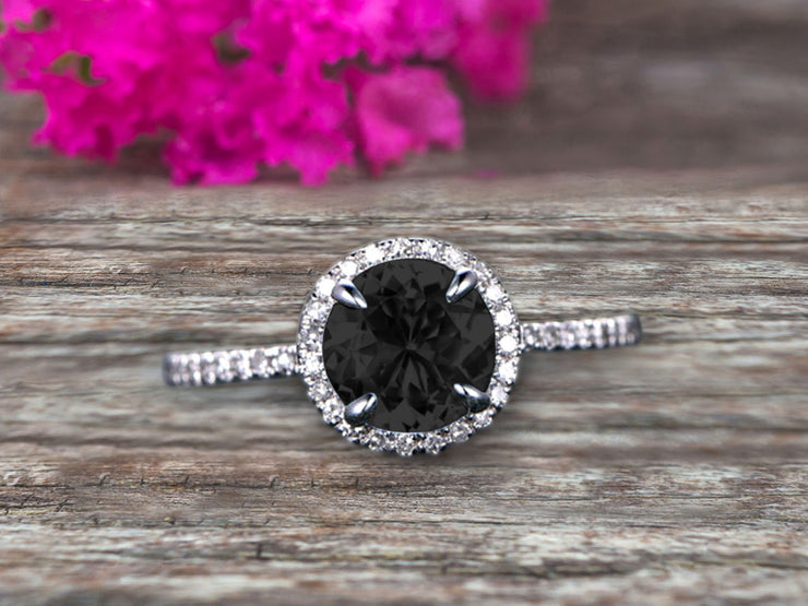1.50 Carat Round Cut Black Diamond Moissanite Engagement Ring On 10k White Gold Art Deco Halo Designed