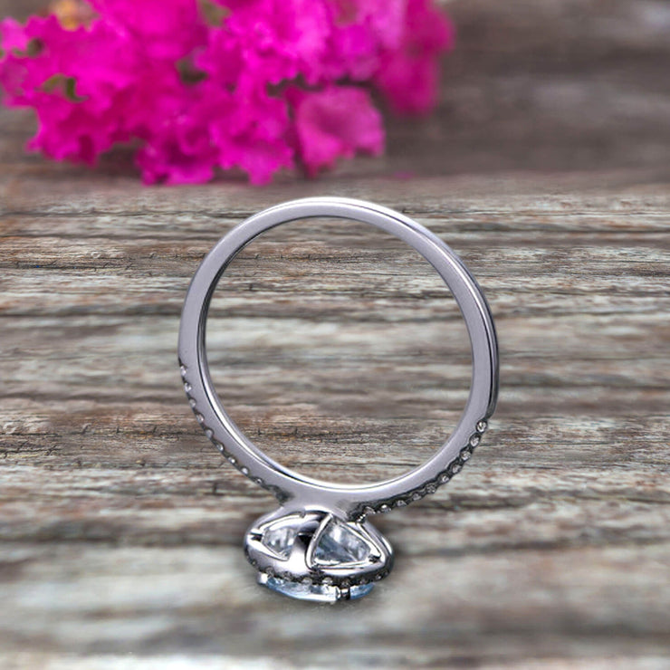 1.50 Carat Round Cut Aquamarine Engagement Ring On 10k White Gold Art Deco Halo Designed