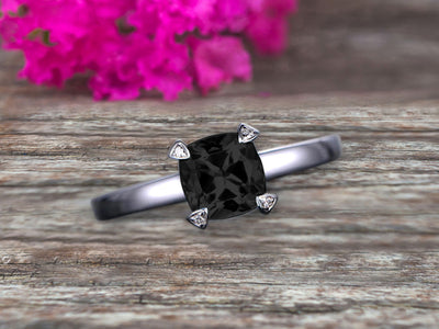 Solitaire 1 Carat Cushion Cut Black Diamond Moissanite Engagement Ring 10k White Gold
