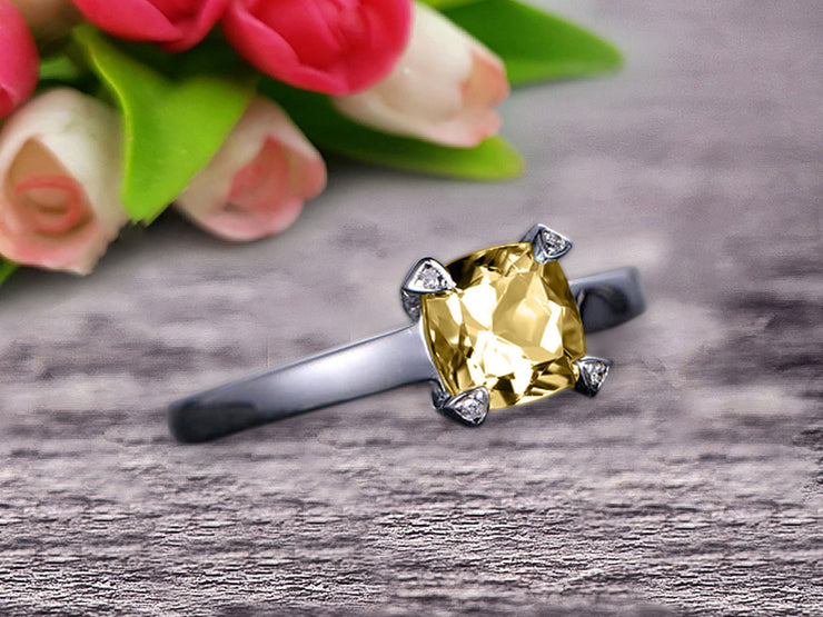 Solitaire 1 Carat Cushion Cut Champagne Diamond Moissanite Engagement Ring 10k White Gold