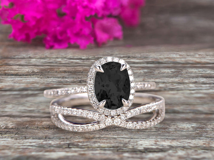 10k White Gold 1.75 Carat Oval Cut Black Diamond Moissanite Engagement Rings With Twisted Wedding Band Diamonds Halo Design