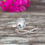 10k White Gold 1.75 Carat Oval Cut Aquamarine Engagement Rings With Twisted Wedding Band Diamonds Halo Design