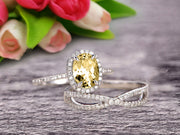 10k White Gold 1.75 Carat Oval Cut Champagne Diamond Moissanite Engagement Rings With Twisted Wedding Band Diamonds Halo Design