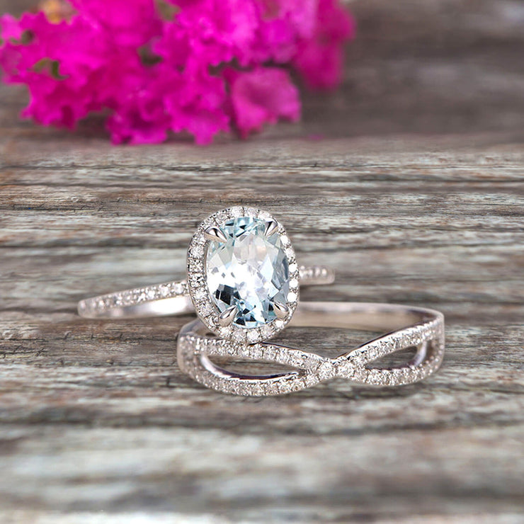 10k White Gold 1.75 Carat Oval Cut Aquamarine Engagement Rings With Twisted Wedding Band Diamonds Halo Design