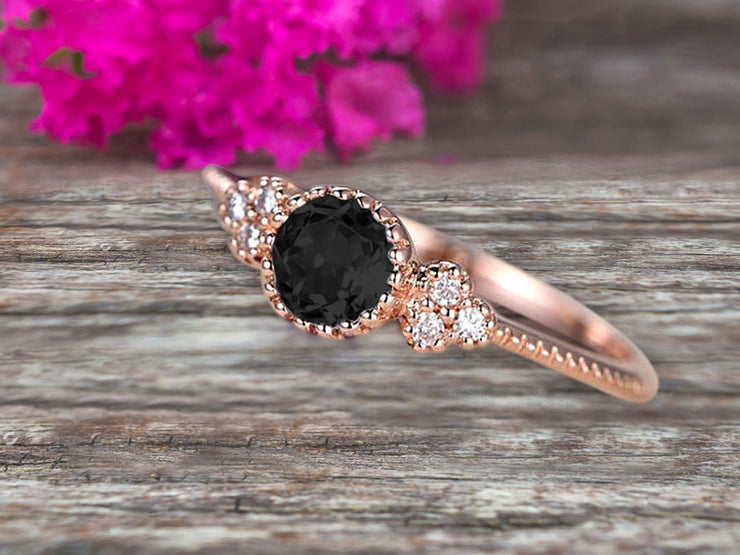 10k Rose Gold 1.50 Carat Round Cut Natural Black Diamond Moissanite Engagement Ring Anniversary Gift Art Deco