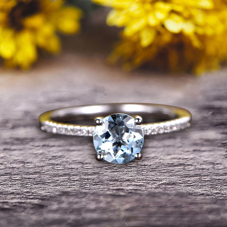 Round Cut 1.25 Carat Blue Aquamarine Engagement Ring 10k White Gold Anniversary Gift for her