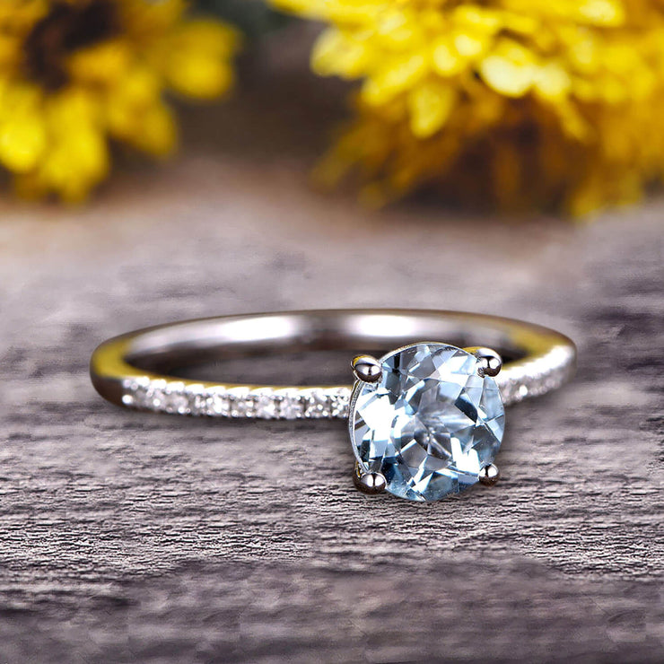 Round Cut 1.25 Carat Blue Aquamarine Engagement Ring 10k White Gold Anniversary Gift for her