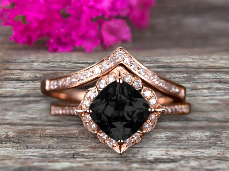 1.75 Carat Natural Black Diamond Moissanite Engagement Ring On 10k Rose Gold With V-Shape Matching Wedding Band Anniversary Ring HALO Cushion Cut Black Diamond Moissanite