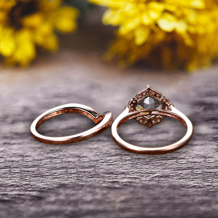 1.75 Carat Natural Aquamarine Engagement Ring On 10k Rose Gold With V-Shape Matching Wedding Band Anniversary Ring HALO Cushion Cut Aquamarine