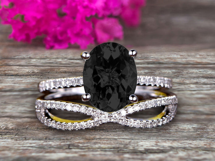 Oval Cut 1.50 Carat Black Diamond Moissanite Engagement Ring Set Solid 10K White Gold Promise Ring Bridal Gift