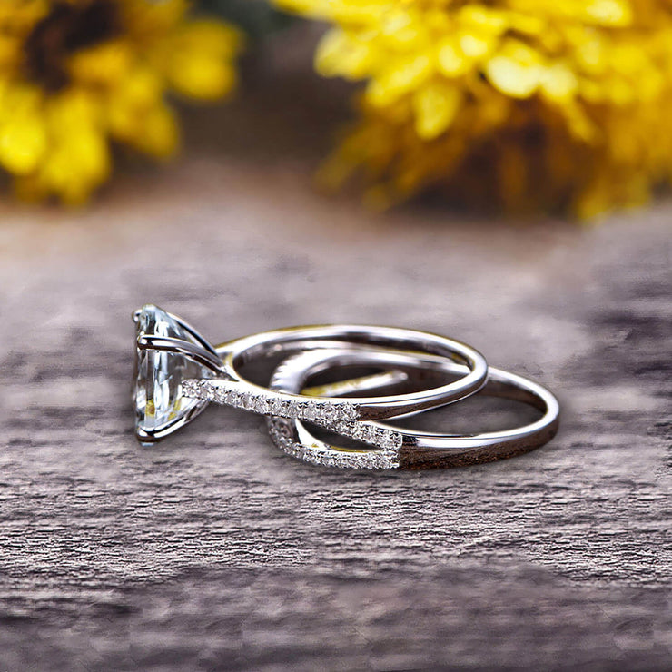 Oval Cut 1.50 Carat Aquamarine Engagement Ring Set Solid 10K White Gold Promise Ring Bridal Gift