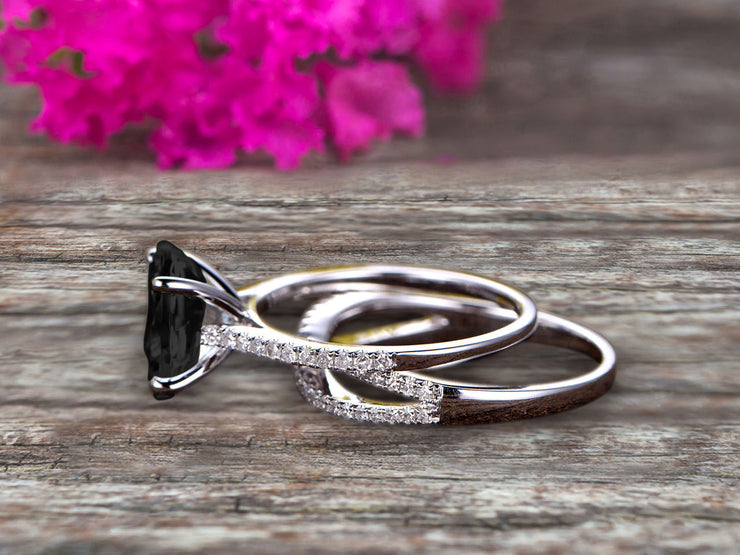 Oval Cut 1.50 Carat Black Diamond Moissanite Engagement Ring Set Solid 10K White Gold Promise Ring Bridal Gift