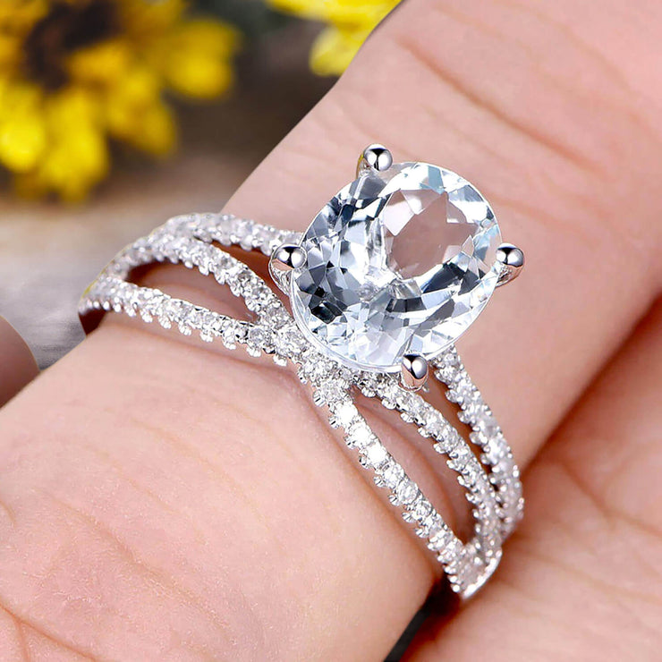 Oval Cut 1.50 Carat Aquamarine Engagement Ring Set Solid 10K White Gold Promise Ring Bridal Gift